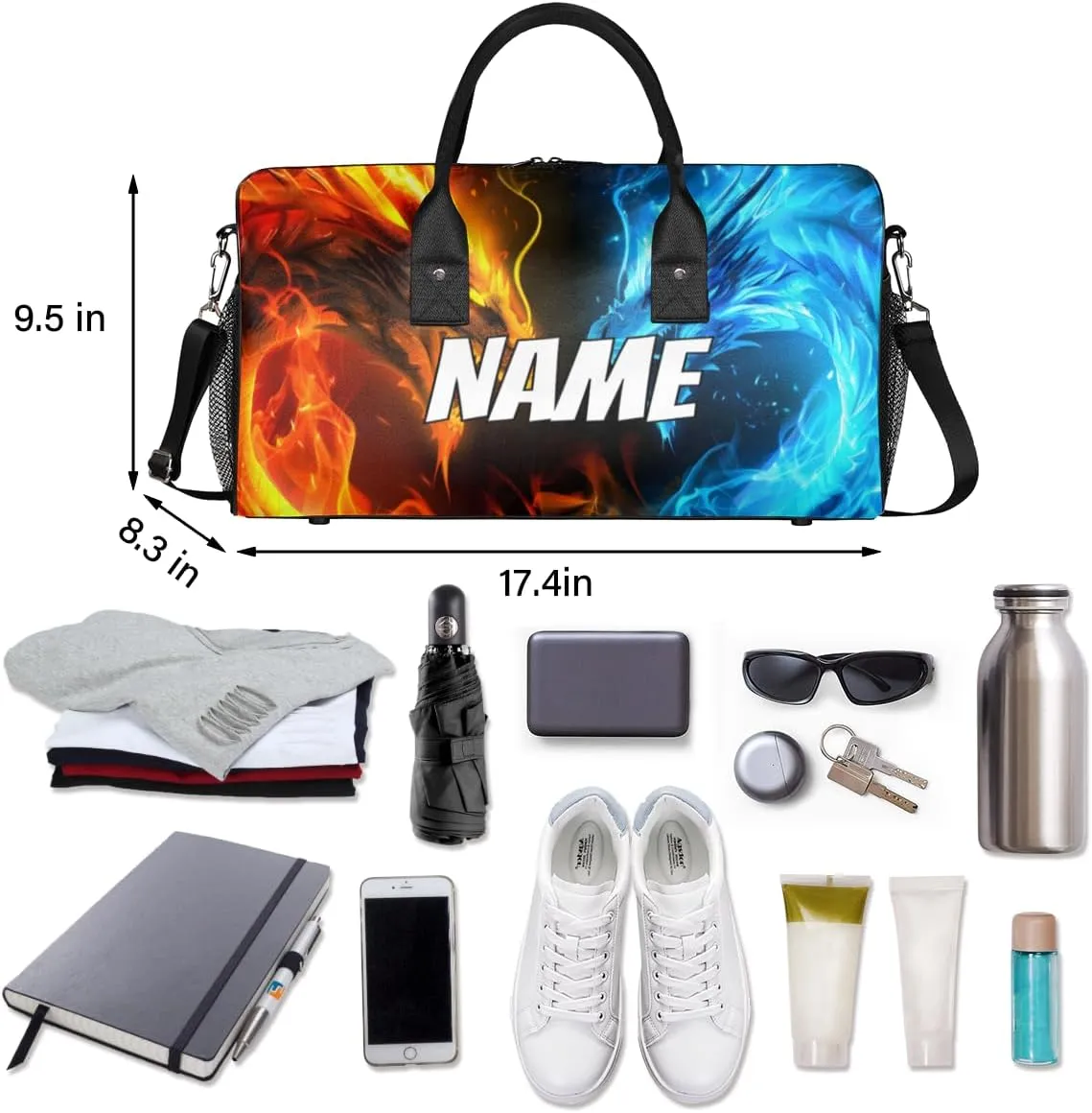 Personalized Magic Dragon Travel Duffel Bag with Name, Custom Gym Sport Bag Mythical Animal Carry On Weekend Overnight Duffel Bag for Men Women