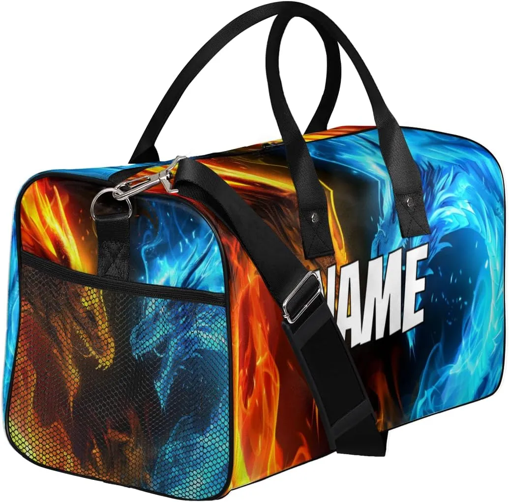 Personalized Magic Dragon Travel Duffel Bag with Name, Custom Gym Sport Bag Mythical Animal Carry On Weekend Overnight Duffel Bag for Men Women