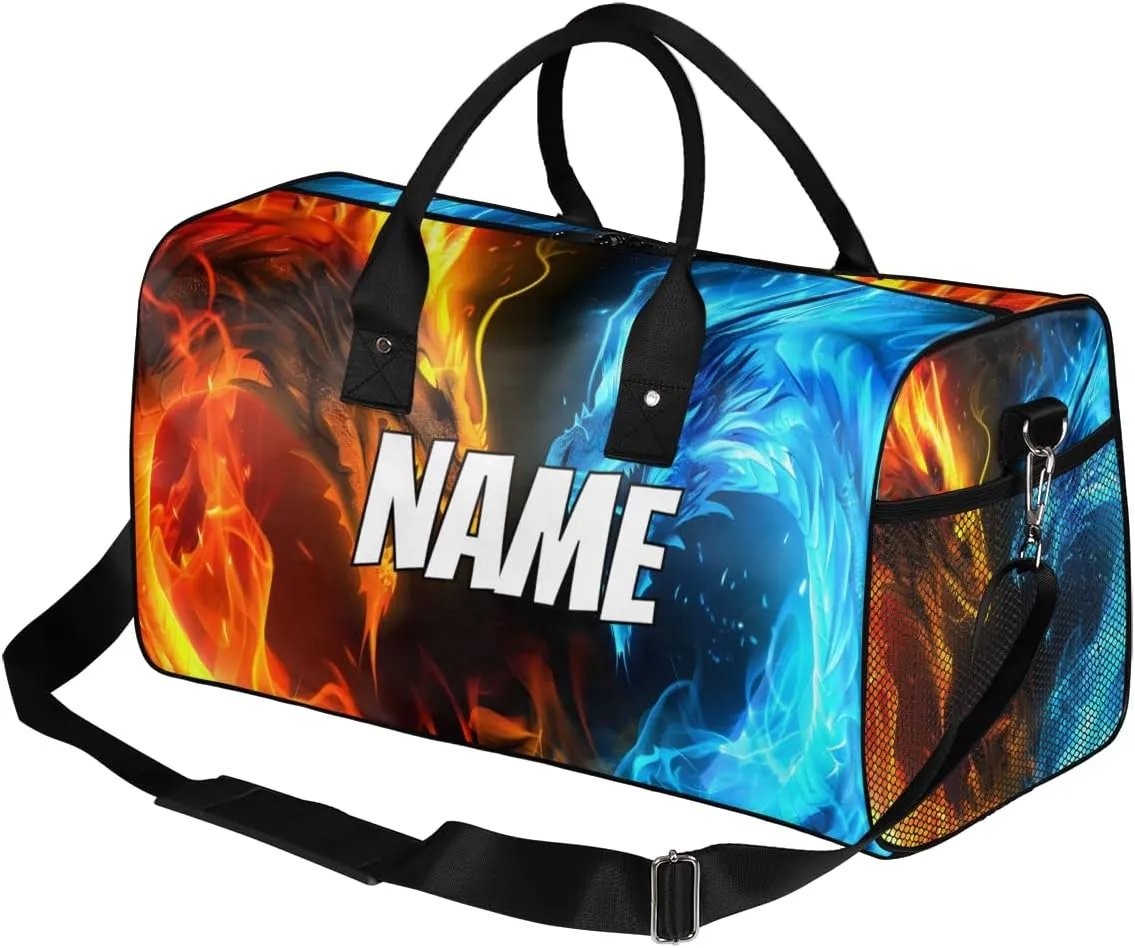 Personalized Magic Dragon Travel Duffel Bag with Name, Custom Gym Sport Bag Mythical Animal Carry On Weekend Overnight Duffel Bag for Men Women