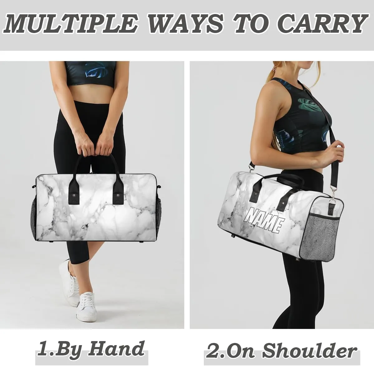 Personalized Marble Print Travel Duffel Bag with Name, Custom Gym Sport Bag Grey and White Carry On Weekend Overnight Duffel Bag for Men Women