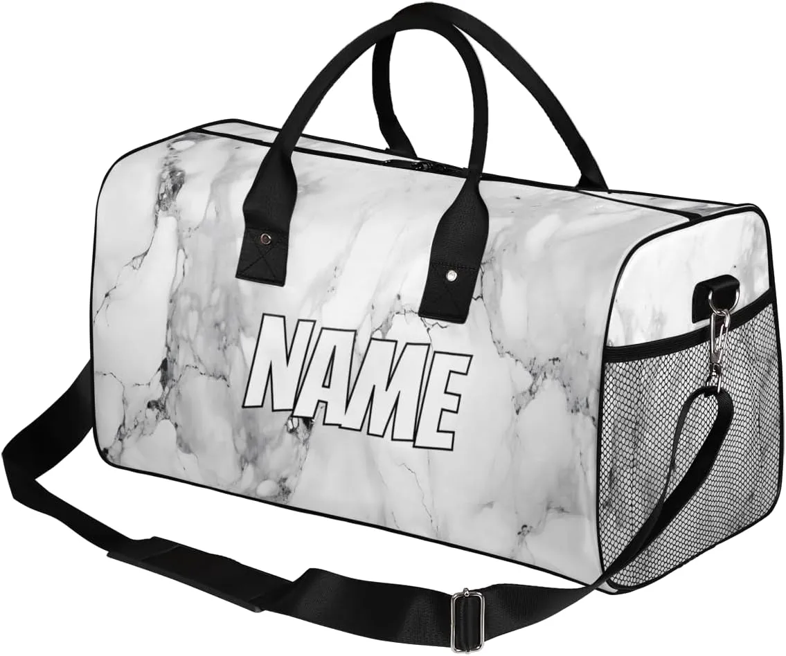 Personalized Marble Print Travel Duffel Bag with Name, Custom Gym Sport Bag Grey and White Carry On Weekend Overnight Duffel Bag for Men Women