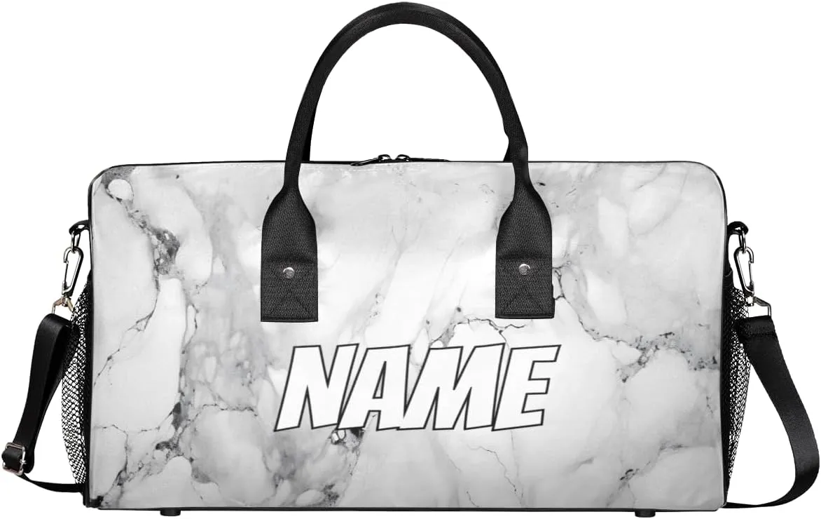 Personalized Marble Print Travel Duffel Bag with Name, Custom Gym Sport Bag Grey and White Carry On Weekend Overnight Duffel Bag for Men Women