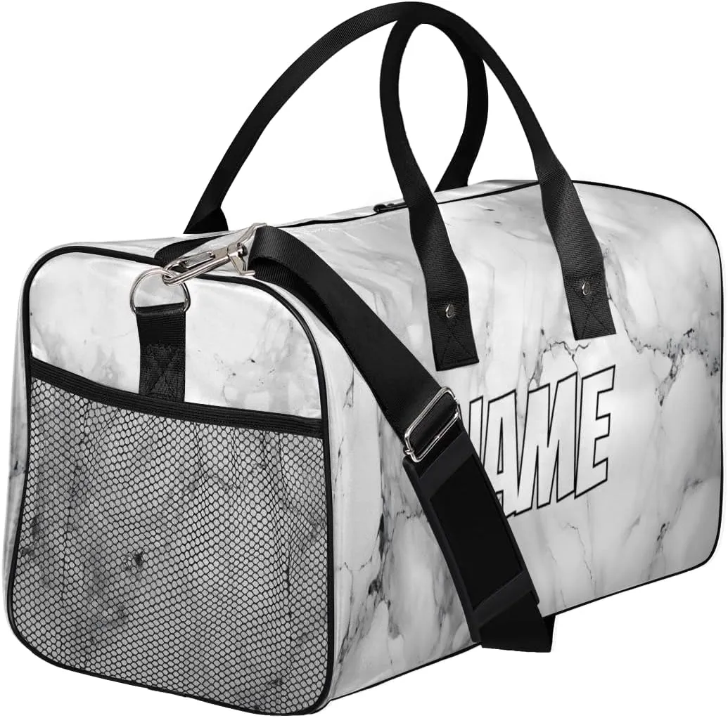 Personalized Marble Print Travel Duffel Bag with Name, Custom Gym Sport Bag Grey and White Carry On Weekend Overnight Duffel Bag for Men Women