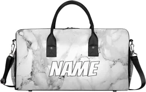 Personalized Marble Print Travel Duffel Bag with Name, Custom Gym Sport Bag Grey and White Carry On Weekend Overnight Duffel Bag for Men Women