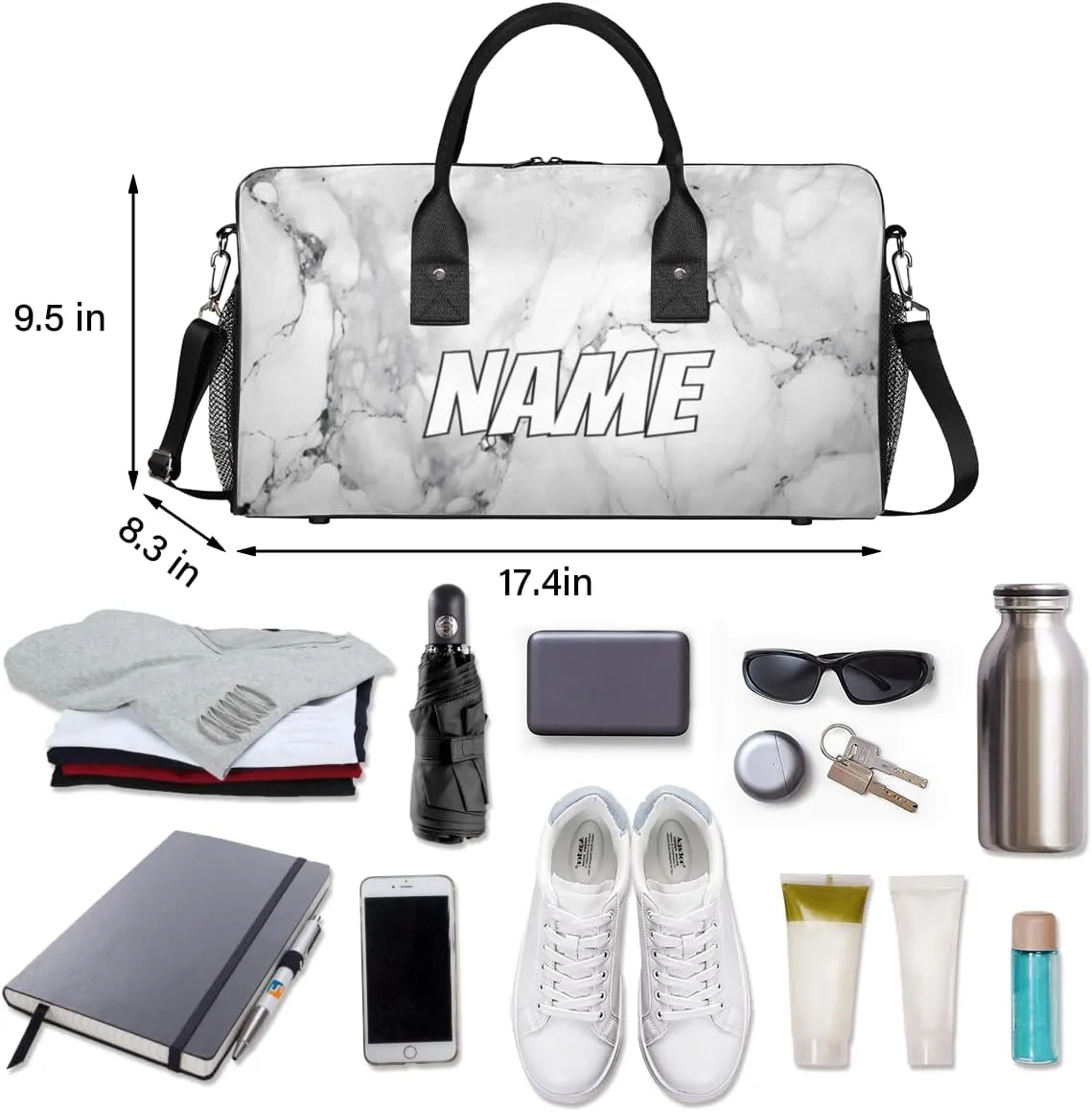 Personalized Marble Print Travel Duffel Bag with Name, Custom Gym Sport Bag Grey and White Carry On Weekend Overnight Duffel Bag for Men Women