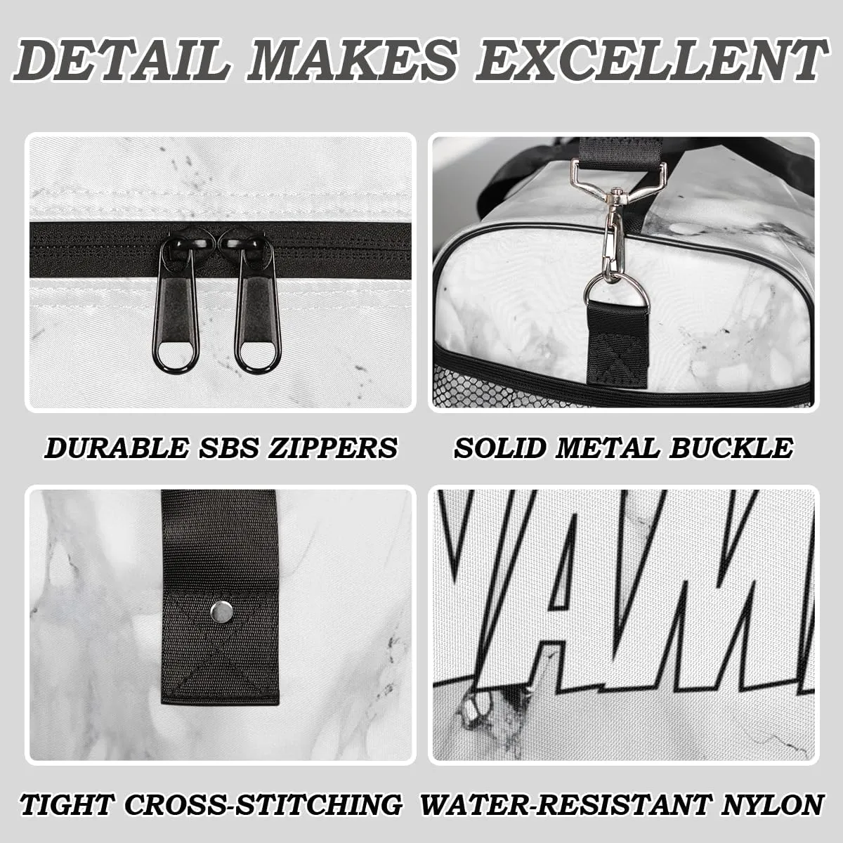 Personalized Marble Print Travel Duffel Bag with Name, Custom Gym Sport Bag Grey and White Carry On Weekend Overnight Duffel Bag for Men Women