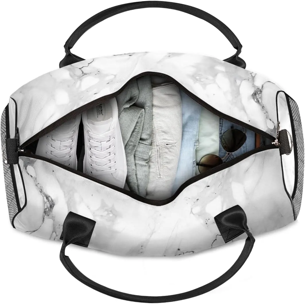 Personalized Marble Print Travel Duffel Bag with Name, Custom Gym Sport Bag Grey and White Carry On Weekend Overnight Duffel Bag for Men Women