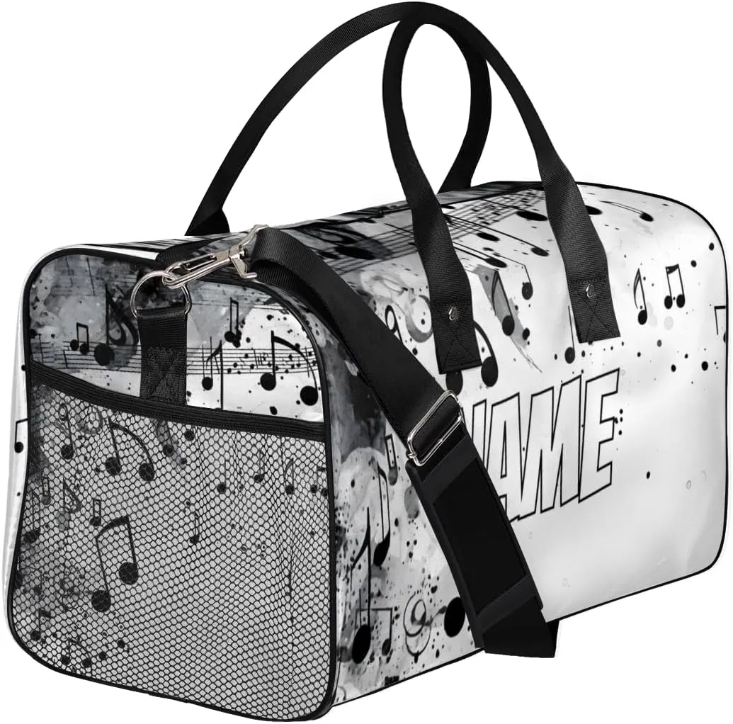 Personalized Musical Notes Travel Duffel Bag with Name, Custom Gym Sport Bag Modern Romantic Art Carry On Weekend Overnight Duffel Bag for Men Women