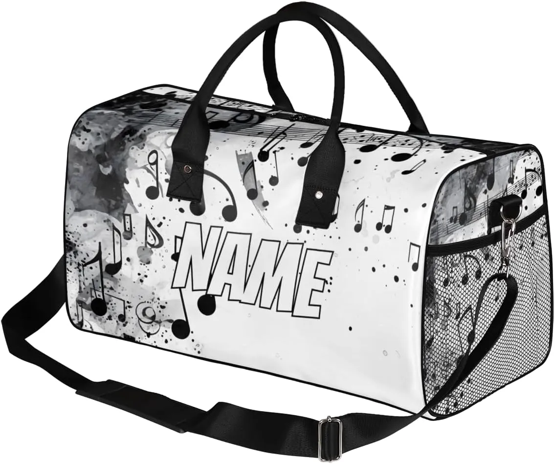 Personalized Musical Notes Travel Duffel Bag with Name, Custom Gym Sport Bag Modern Romantic Art Carry On Weekend Overnight Duffel Bag for Men Women