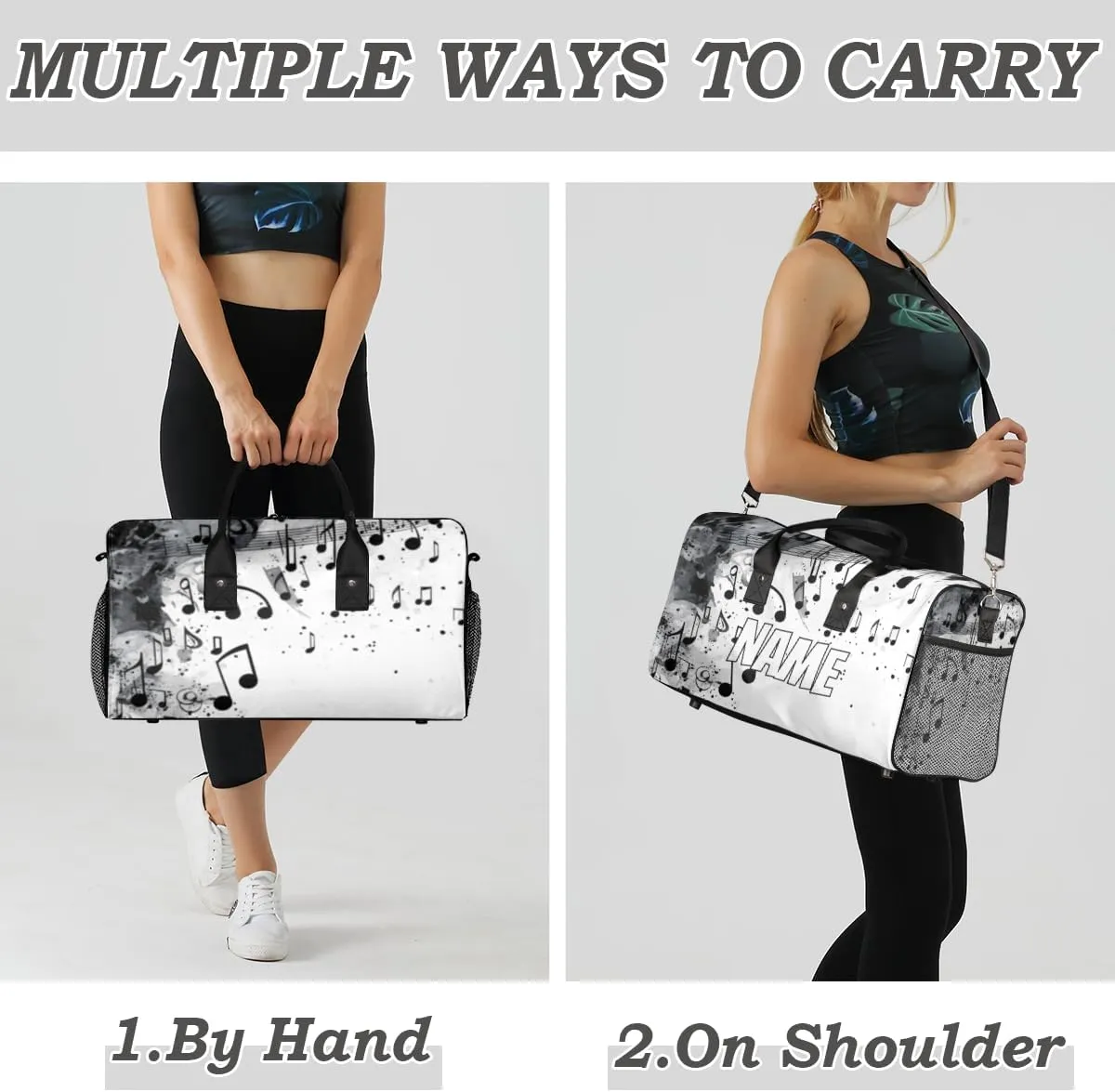 Personalized Musical Notes Travel Duffel Bag with Name, Custom Gym Sport Bag Modern Romantic Art Carry On Weekend Overnight Duffel Bag for Men Women