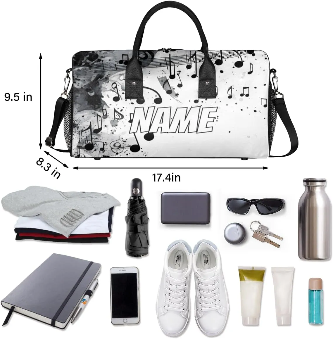 Personalized Musical Notes Travel Duffel Bag with Name, Custom Gym Sport Bag Modern Romantic Art Carry On Weekend Overnight Duffel Bag for Men Women