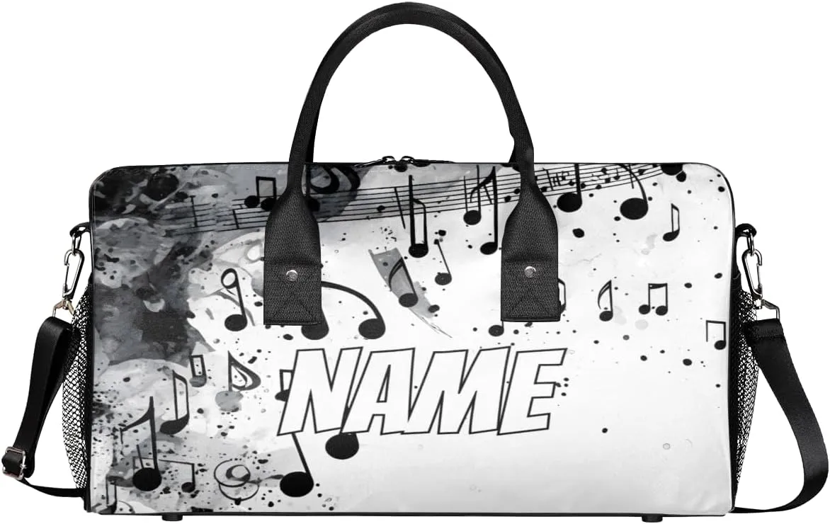 Personalized Musical Notes Travel Duffel Bag with Name, Custom Gym Sport Bag Modern Romantic Art Carry On Weekend Overnight Duffel Bag for Men Women