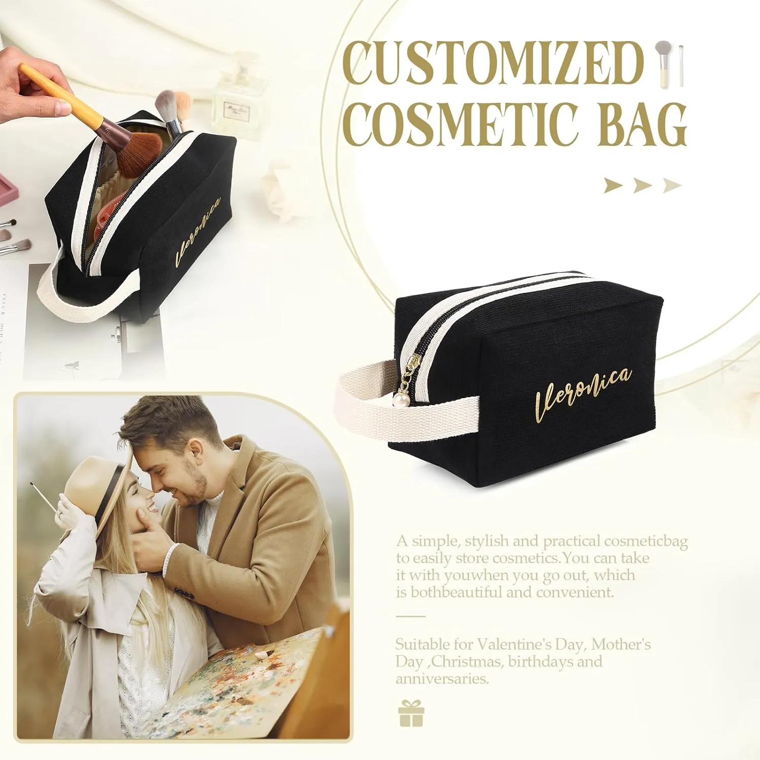 Personalized Name Makeup Bags for Women, Travel Cosmetic Bag Pouch, Small Makeup Bag for Purse, Customized Gifts for Women (Black)
