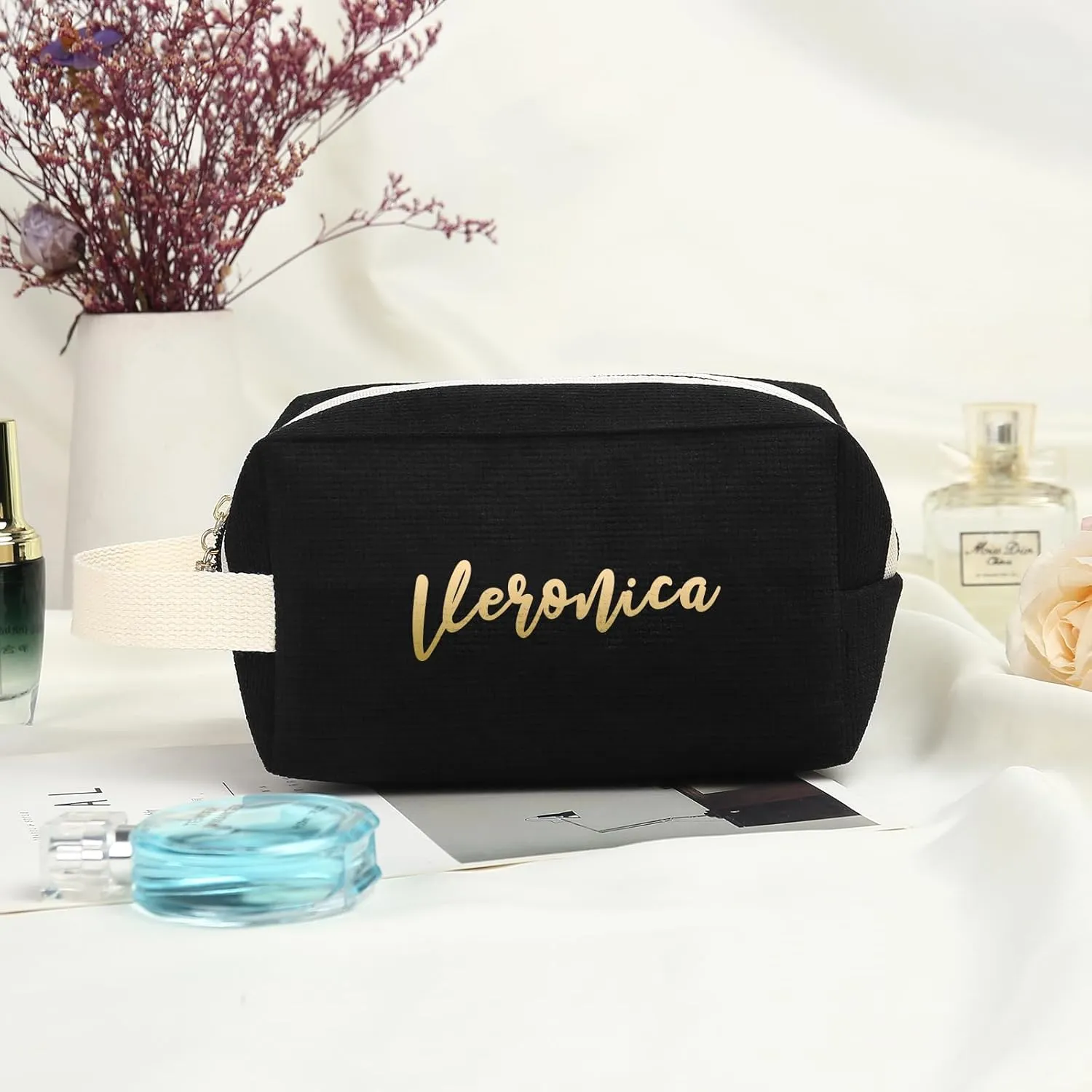 Personalized Name Makeup Bags for Women, Travel Cosmetic Bag Pouch, Small Makeup Bag for Purse, Customized Gifts for Women (Black)