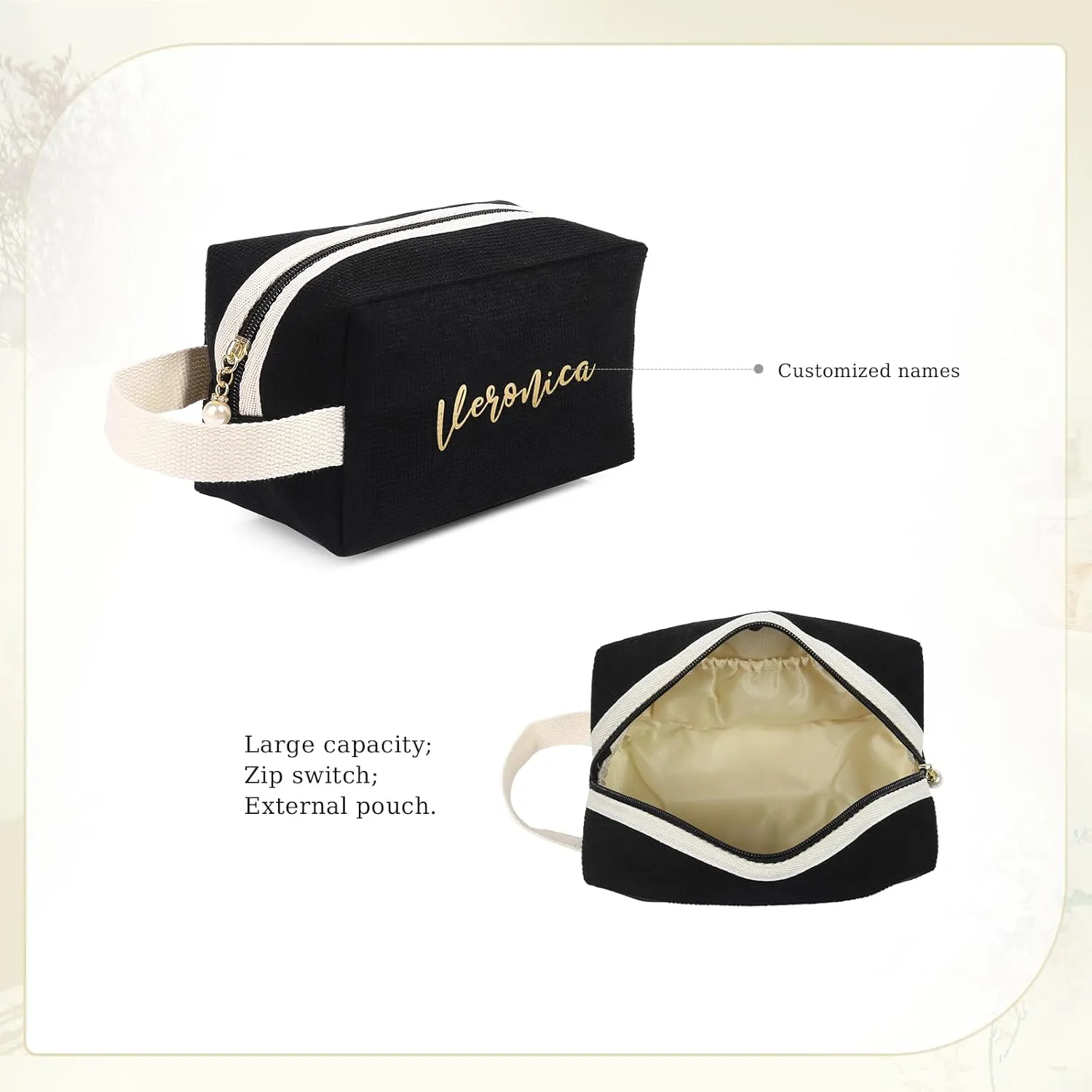 Personalized Name Makeup Bags for Women, Travel Cosmetic Bag Pouch, Small Makeup Bag for Purse, Customized Gifts for Women (Black)