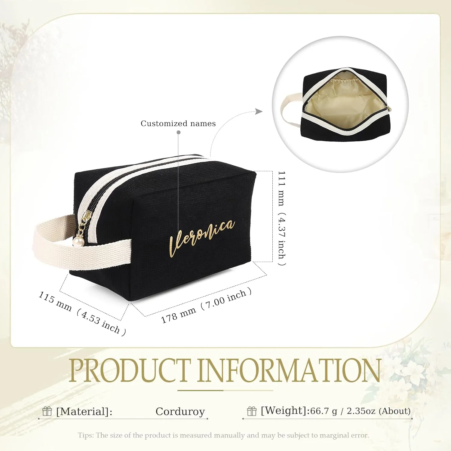 Personalized Name Makeup Bags for Women, Travel Cosmetic Bag Pouch, Small Makeup Bag for Purse, Customized Gifts for Women (Black)