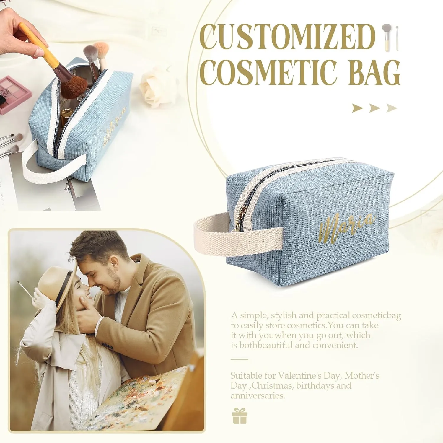 Personalized Name Makeup Bags for Women, Travel Cosmetic Bag Pouch, Small Makeup Bag for Purse, Customized Gifts for Women (Light Blue)