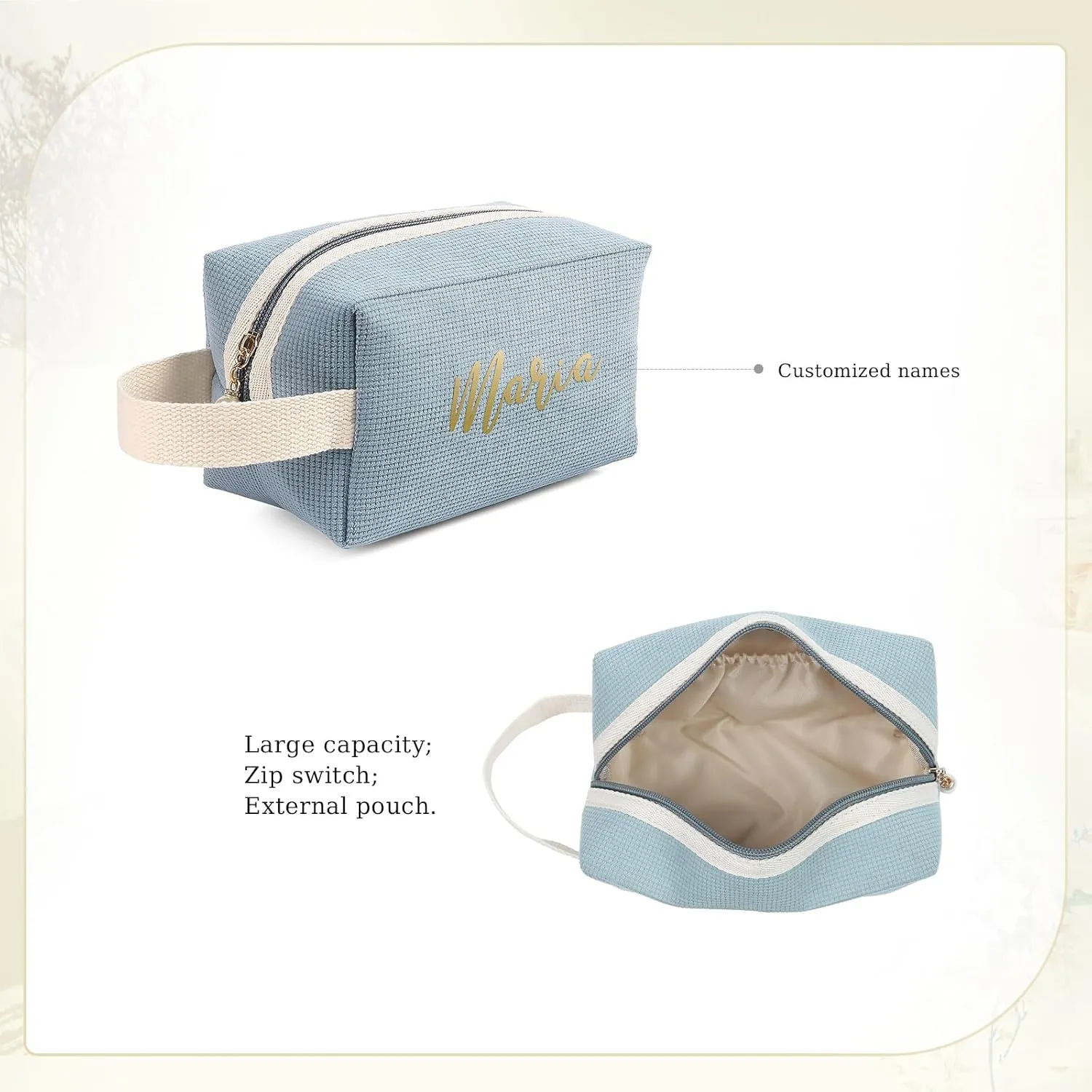 Personalized Name Makeup Bags for Women, Travel Cosmetic Bag Pouch, Small Makeup Bag for Purse, Customized Gifts for Women (Light Blue)
