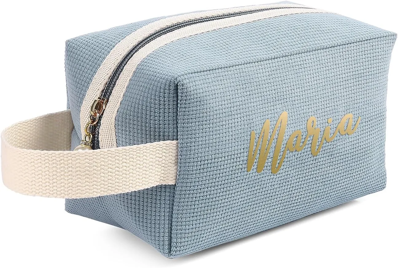 Personalized Name Makeup Bags for Women, Travel Cosmetic Bag Pouch, Small Makeup Bag for Purse, Customized Gifts for Women (Light Blue)
