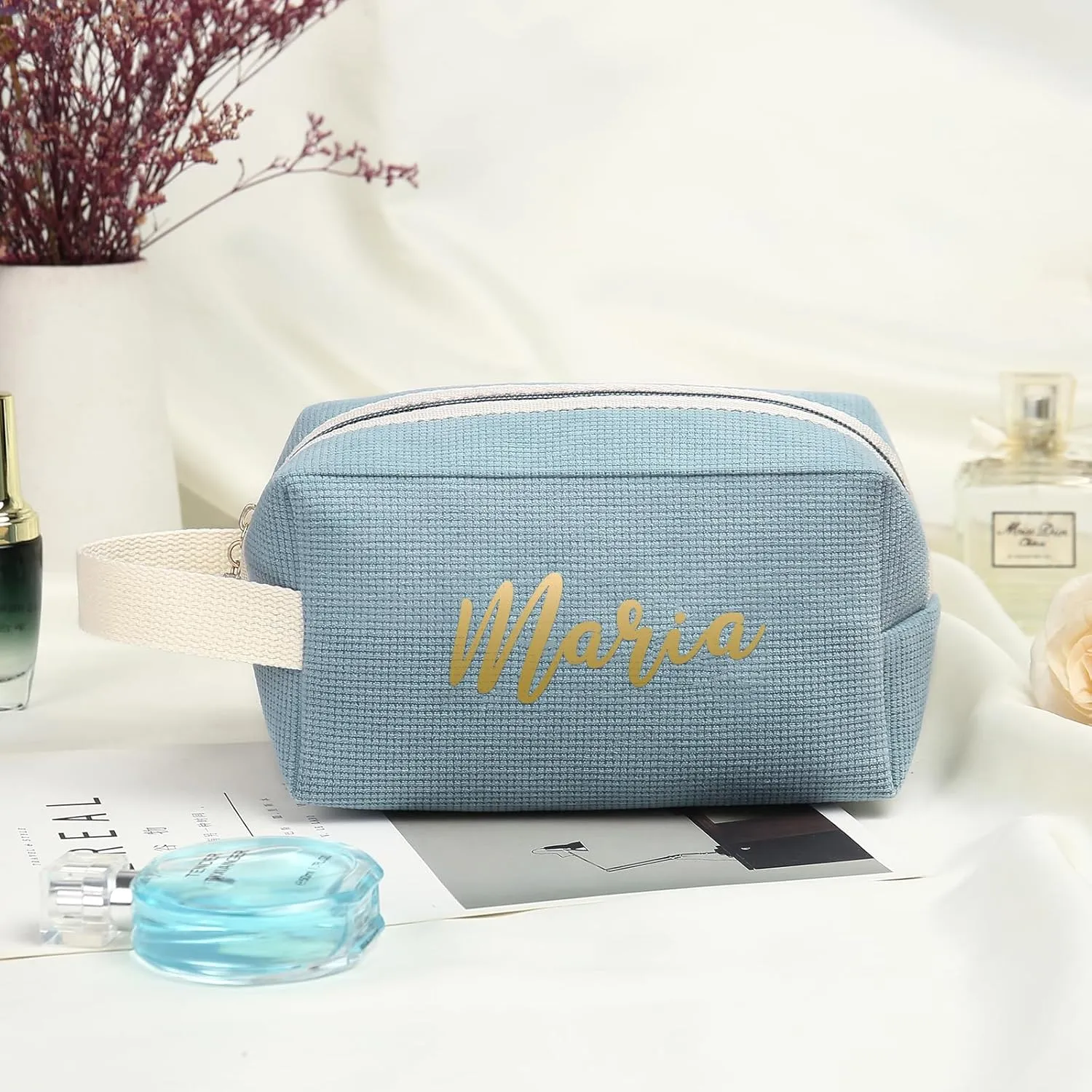 Personalized Name Makeup Bags for Women, Travel Cosmetic Bag Pouch, Small Makeup Bag for Purse, Customized Gifts for Women (Light Blue)