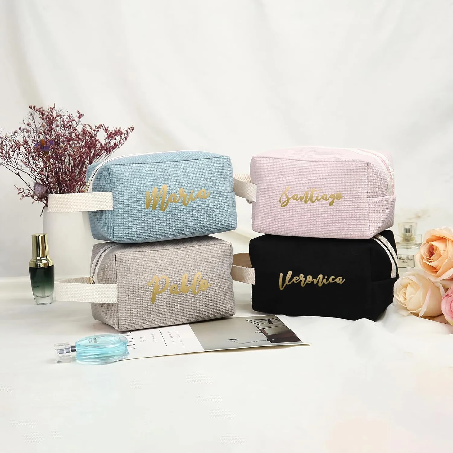 Personalized Name Makeup Bags for Women, Travel Cosmetic Bag Pouch, Small Makeup Bag for Purse, Customized Gifts for Women (Light Blue)