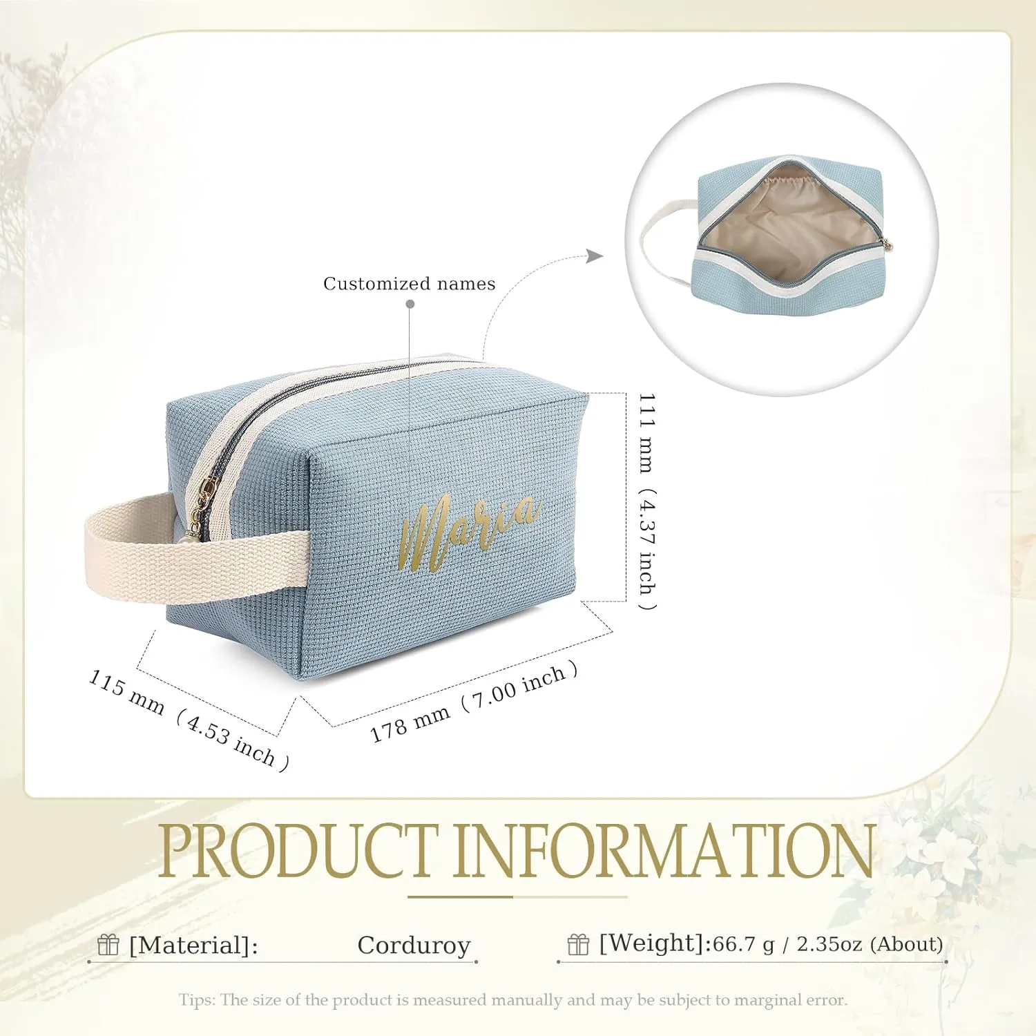 Personalized Name Makeup Bags for Women, Travel Cosmetic Bag Pouch, Small Makeup Bag for Purse, Customized Gifts for Women (Light Blue)