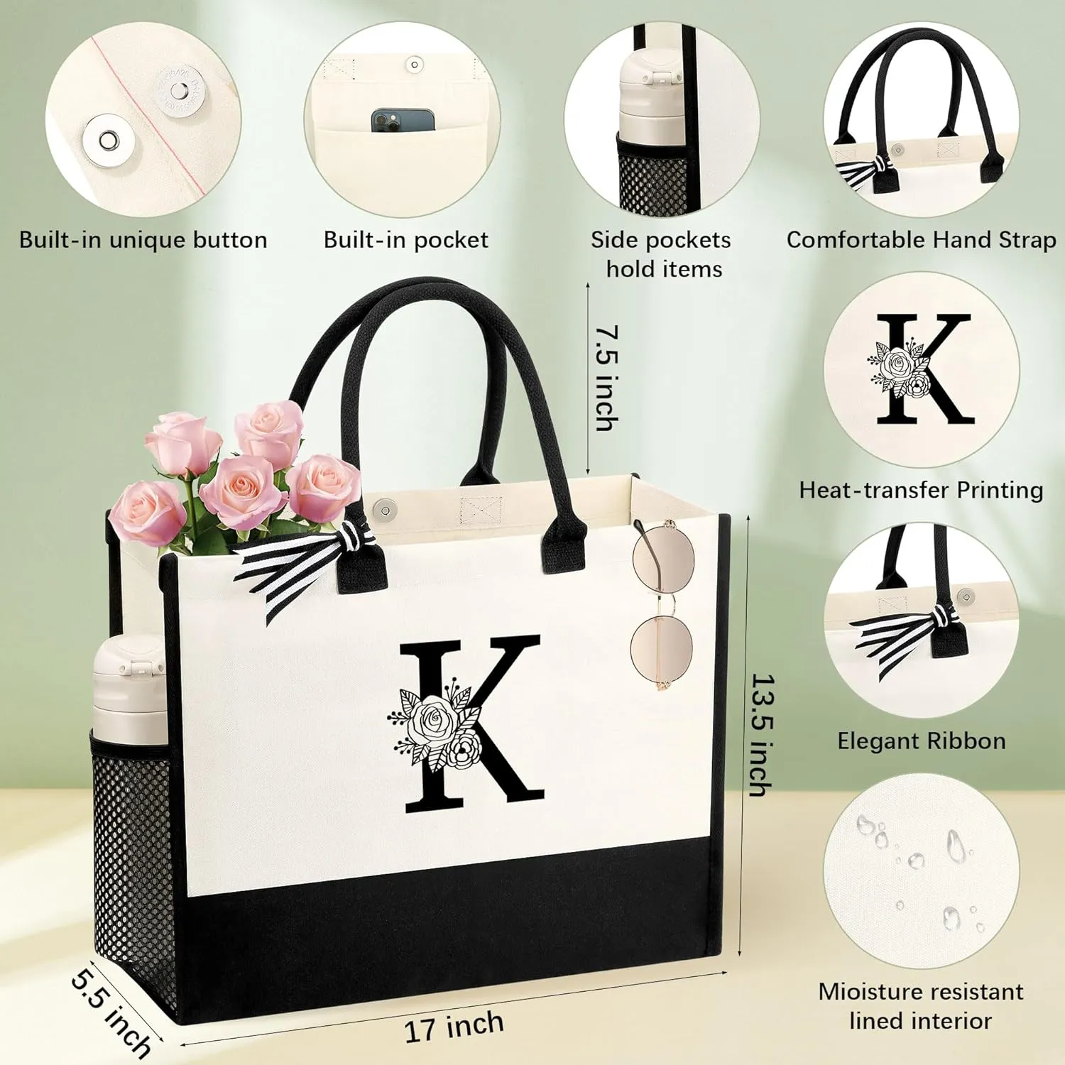 Personalized Name Tote Bag for Women, Birthday Best Friend Bridesmaid Gifts for Women Canvas Initial Tote Bags
