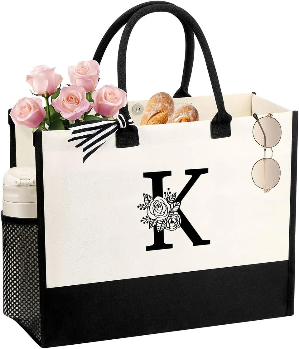 Personalized Name Tote Bag for Women, Birthday Best Friend Bridesmaid Gifts for Women Canvas Initial Tote Bags