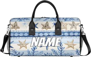 Personalized Ocean Starfish Travel Duffel Bag with Name, Custom Gym Sport Bag Blue Retro Carry On Weekend Overnight Duffel Bag for Men Women