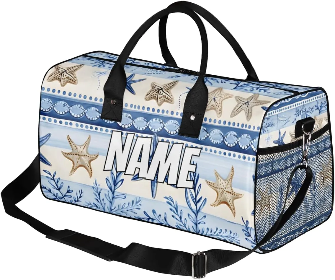 Personalized Ocean Starfish Travel Duffel Bag with Name, Custom Gym Sport Bag Blue Retro Carry On Weekend Overnight Duffel Bag for Men Women
