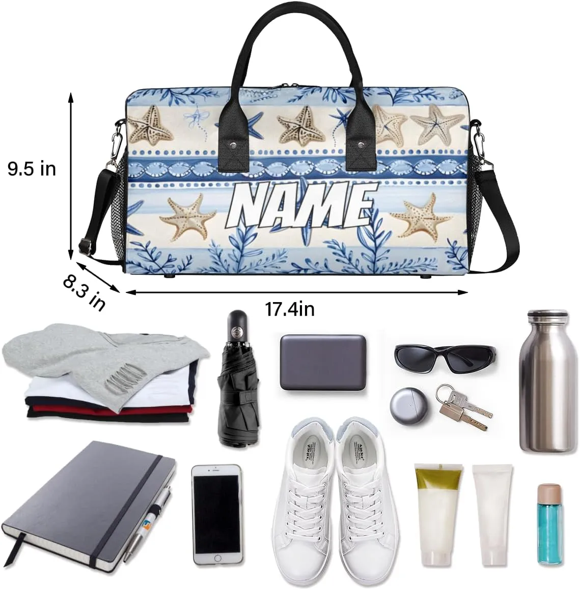 Personalized Ocean Starfish Travel Duffel Bag with Name, Custom Gym Sport Bag Blue Retro Carry On Weekend Overnight Duffel Bag for Men Women
