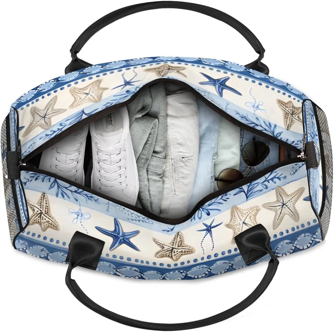 Personalized Ocean Starfish Travel Duffel Bag with Name, Custom Gym Sport Bag Blue Retro Carry On Weekend Overnight Duffel Bag for Men Women