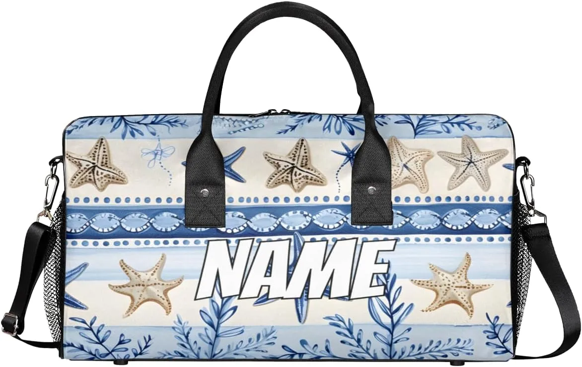 Personalized Ocean Starfish Travel Duffel Bag with Name, Custom Gym Sport Bag Blue Retro Carry On Weekend Overnight Duffel Bag for Men Women