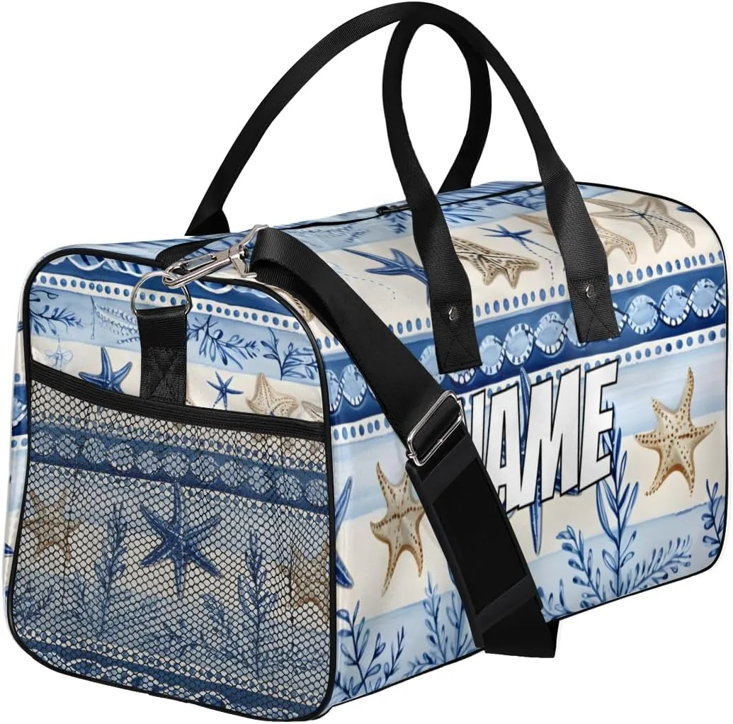 Personalized Ocean Starfish Travel Duffel Bag with Name, Custom Gym Sport Bag Blue Retro Carry On Weekend Overnight Duffel Bag for Men Women