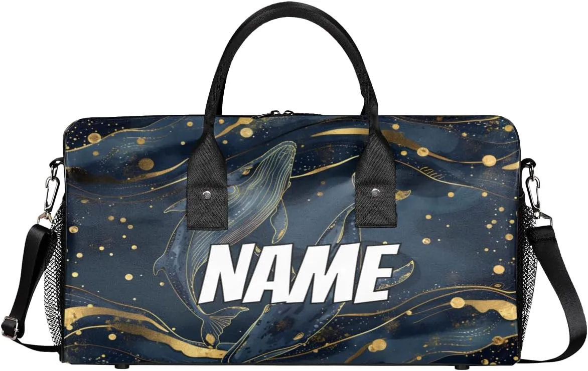 Personalized Ocean Whales Travel Duffel Bag with Name, Custom Gym Sport Bag Golden Blue Carry On Weekend Overnight Duffel Bag for Men Women