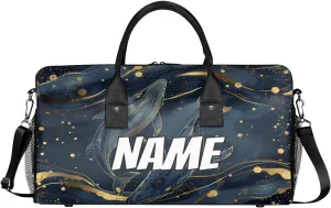 Personalized Ocean Whales Travel Duffel Bag with Name, Custom Gym Sport Bag Golden Blue Carry On Weekend Overnight Duffel Bag for Men Women