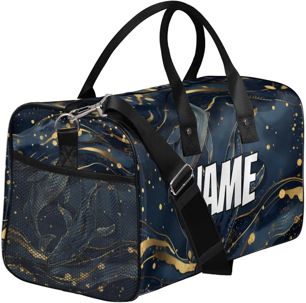 Personalized Ocean Whales Travel Duffel Bag with Name, Custom Gym Sport Bag Golden Blue Carry On Weekend Overnight Duffel Bag for Men Women