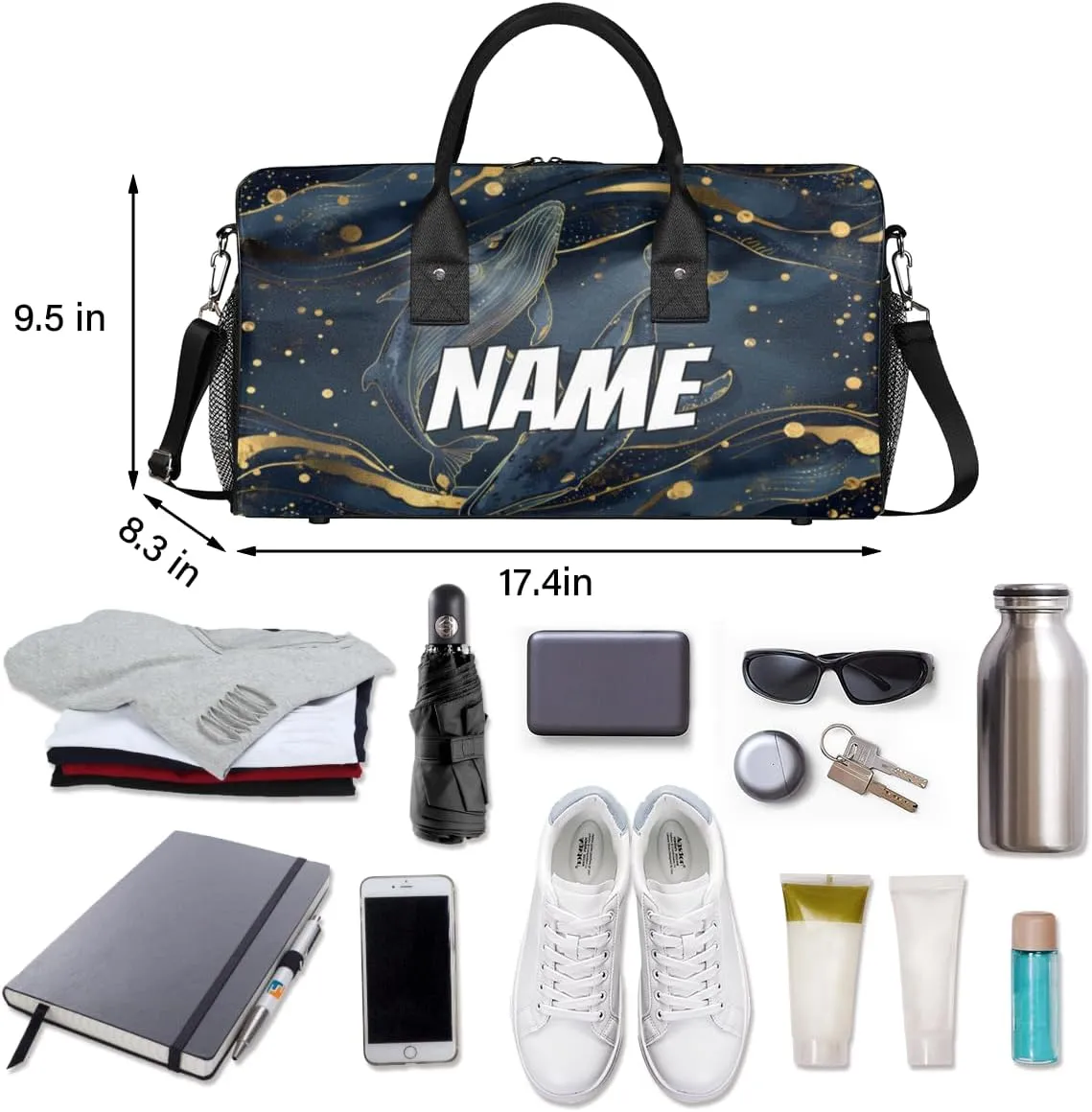 Personalized Ocean Whales Travel Duffel Bag with Name, Custom Gym Sport Bag Golden Blue Carry On Weekend Overnight Duffel Bag for Men Women