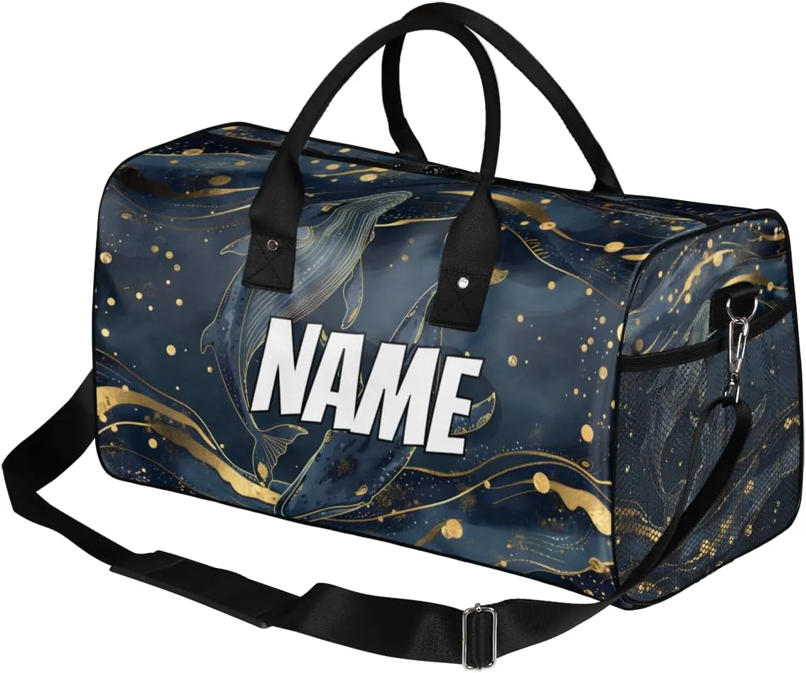 Personalized Ocean Whales Travel Duffel Bag with Name, Custom Gym Sport Bag Golden Blue Carry On Weekend Overnight Duffel Bag for Men Women