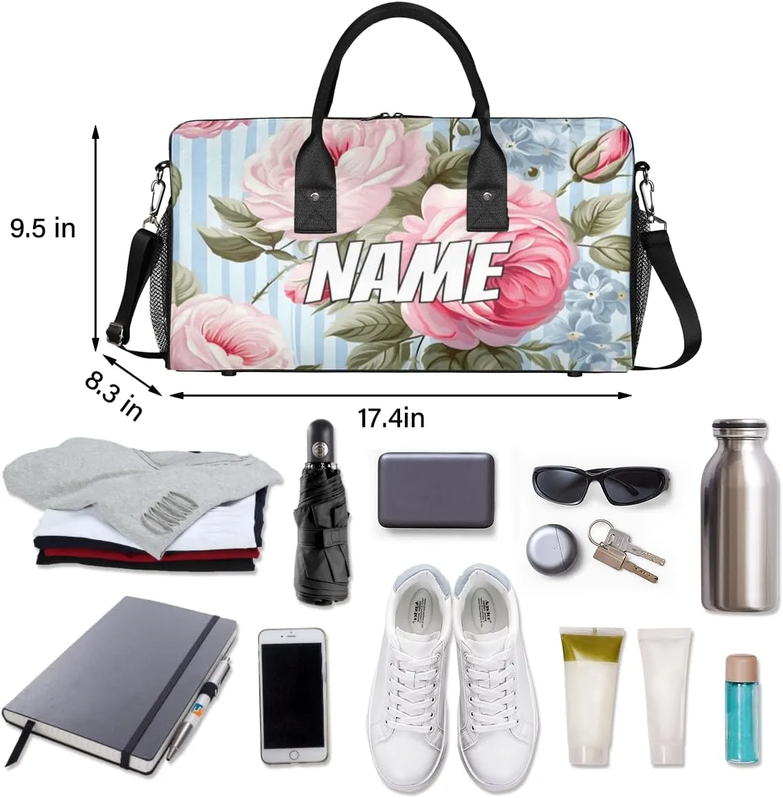 Personalized Pink Rose Travel Duffel Bag with Name, Custom Gym Sport Bag Blue Stripes Carry On Weekend Overnight Duffel Bag for Men Women