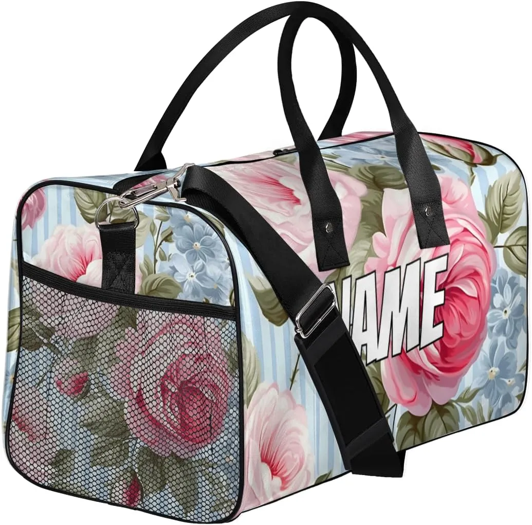Personalized Pink Rose Travel Duffel Bag with Name, Custom Gym Sport Bag Blue Stripes Carry On Weekend Overnight Duffel Bag for Men Women