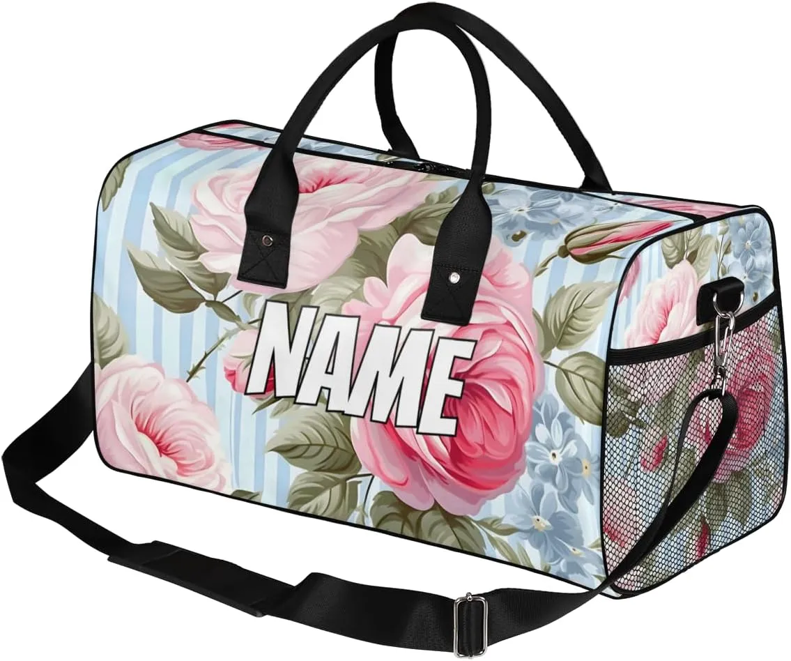 Personalized Pink Rose Travel Duffel Bag with Name, Custom Gym Sport Bag Blue Stripes Carry On Weekend Overnight Duffel Bag for Men Women