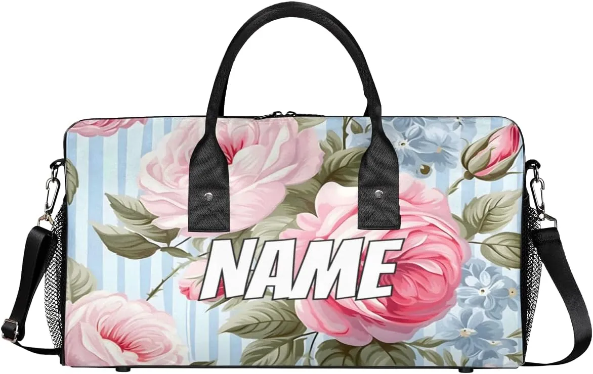 Personalized Pink Rose Travel Duffel Bag with Name, Custom Gym Sport Bag Blue Stripes Carry On Weekend Overnight Duffel Bag for Men Women