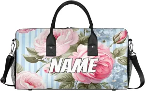 Personalized Pink Rose Travel Duffel Bag with Name, Custom Gym Sport Bag Blue Stripes Carry On Weekend Overnight Duffel Bag for Men Women