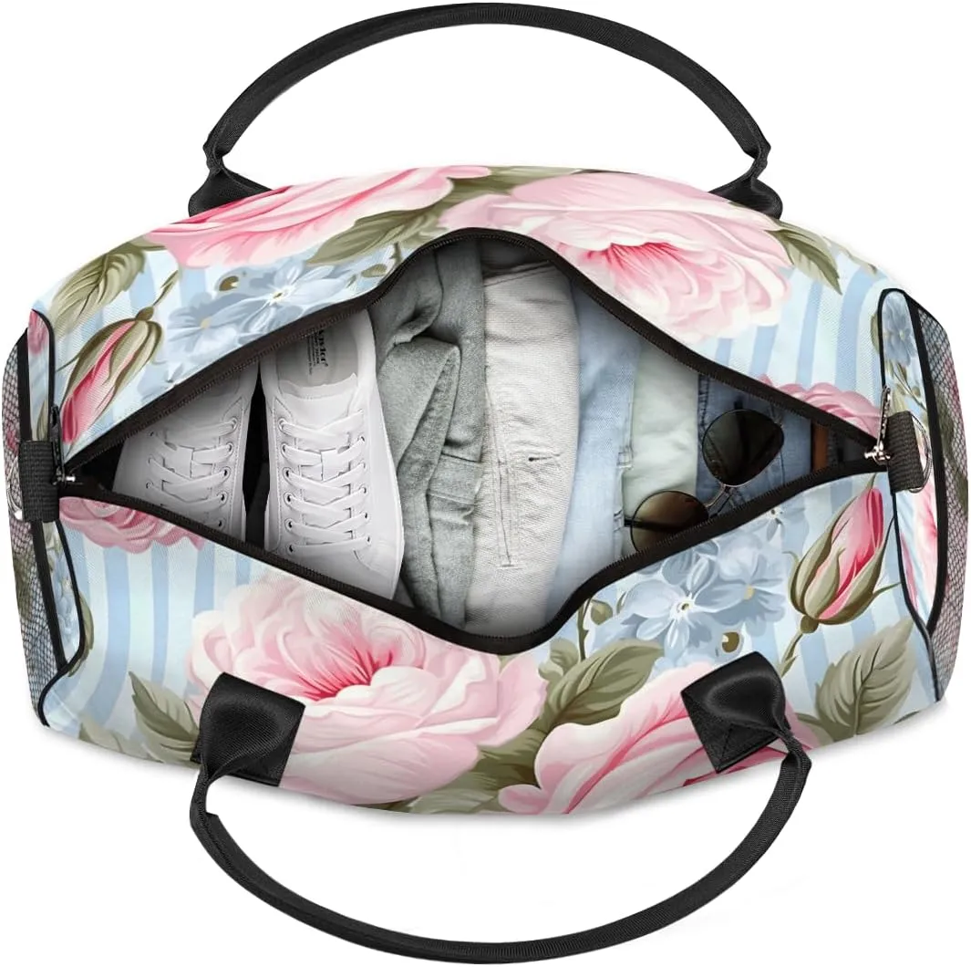 Personalized Pink Rose Travel Duffel Bag with Name, Custom Gym Sport Bag Blue Stripes Carry On Weekend Overnight Duffel Bag for Men Women