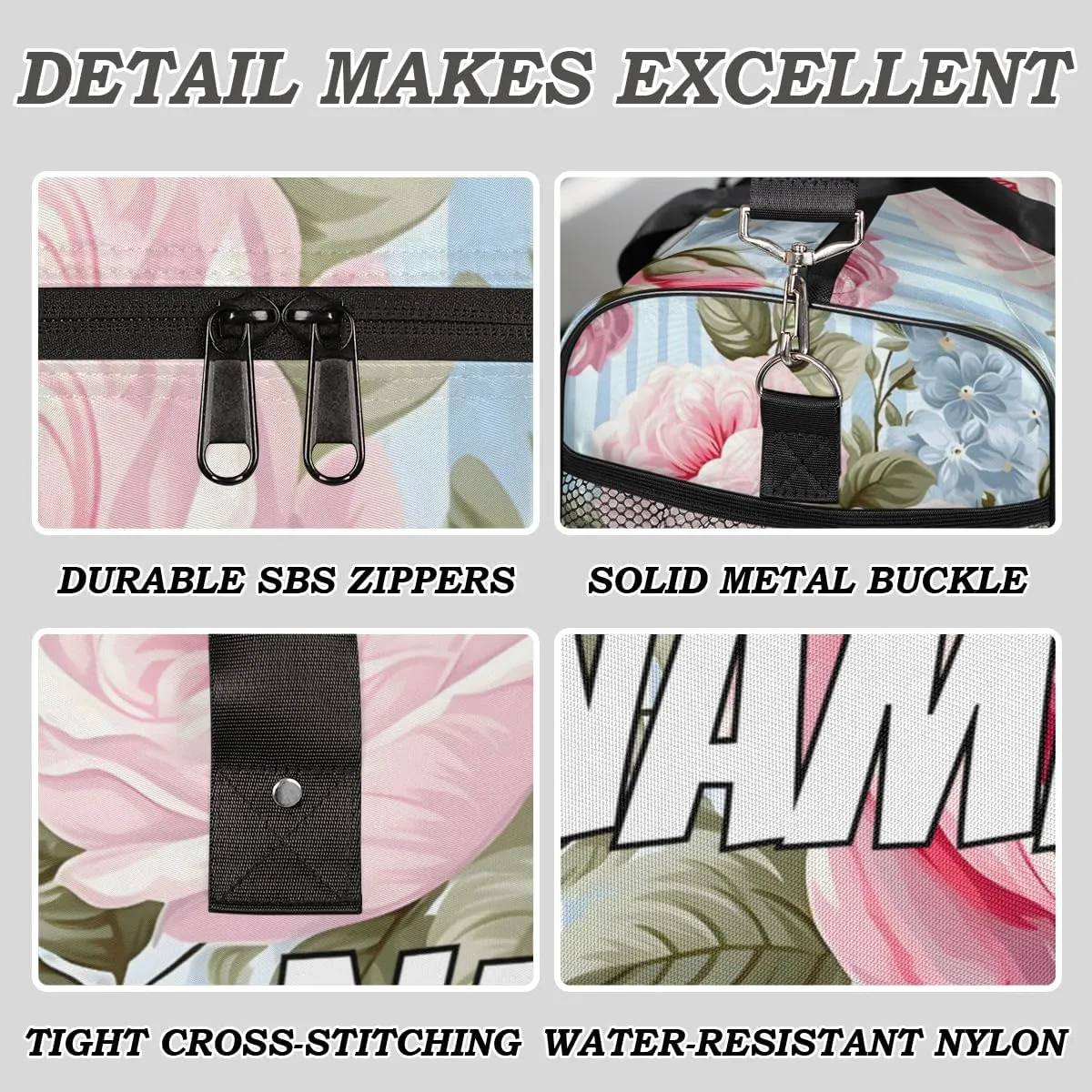 Personalized Pink Rose Travel Duffel Bag with Name, Custom Gym Sport Bag Blue Stripes Carry On Weekend Overnight Duffel Bag for Men Women