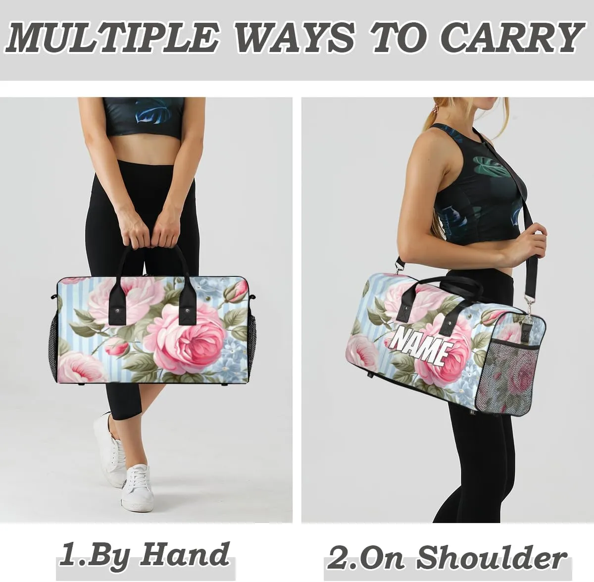 Personalized Pink Rose Travel Duffel Bag with Name, Custom Gym Sport Bag Blue Stripes Carry On Weekend Overnight Duffel Bag for Men Women