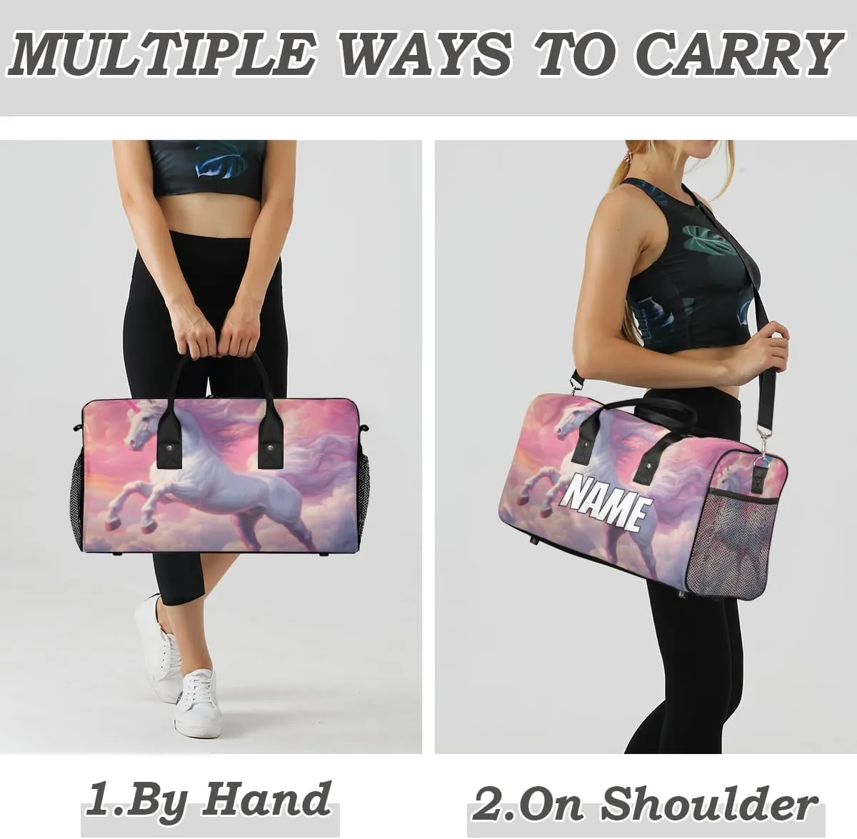 Personalized Pink Unicorn Travel Duffel Bag with Name, Custom Gym Sport Bag Sky Fantasy Carry On Weekend Overnight Duffel Bag for Men Women