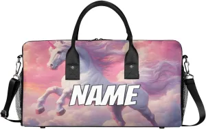 Personalized Pink Unicorn Travel Duffel Bag with Name, Custom Gym Sport Bag Sky Fantasy Carry On Weekend Overnight Duffel Bag for Men Women