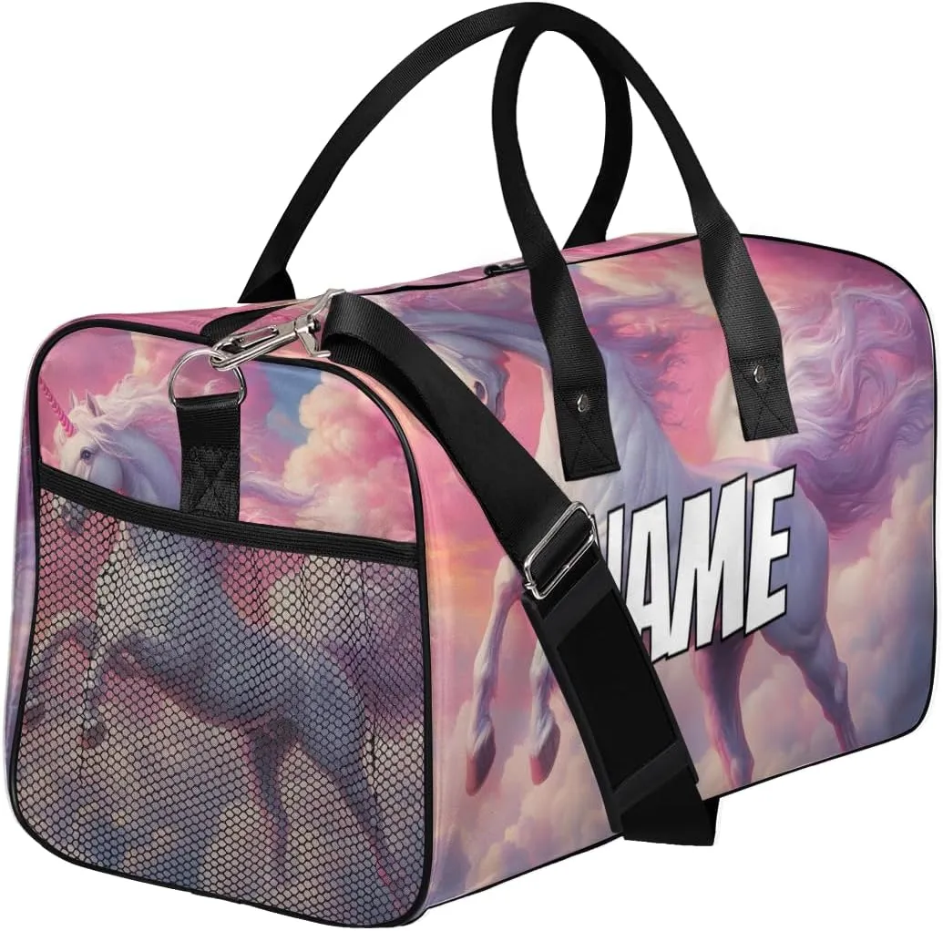 Personalized Pink Unicorn Travel Duffel Bag with Name, Custom Gym Sport Bag Sky Fantasy Carry On Weekend Overnight Duffel Bag for Men Women